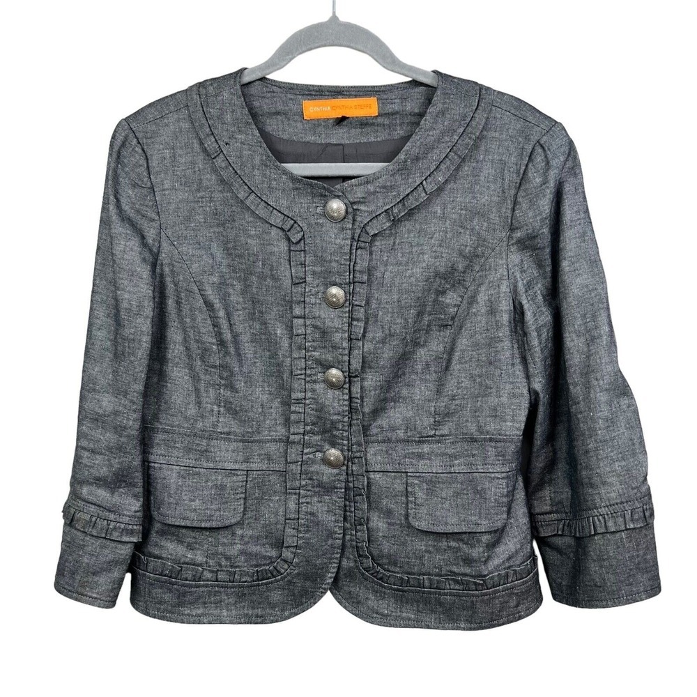 Cynthia Steffe Blazer Jacket Ruffled Trim 3/4 Sleeve 4 Button Gray Women Sz 10*